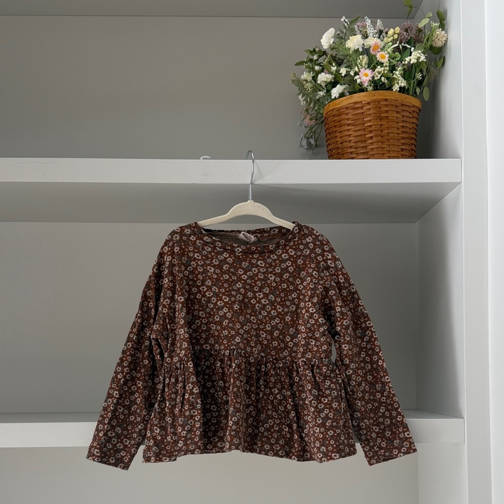 Wheat Kids Brown Floral Peplum Long-Sleeve Top